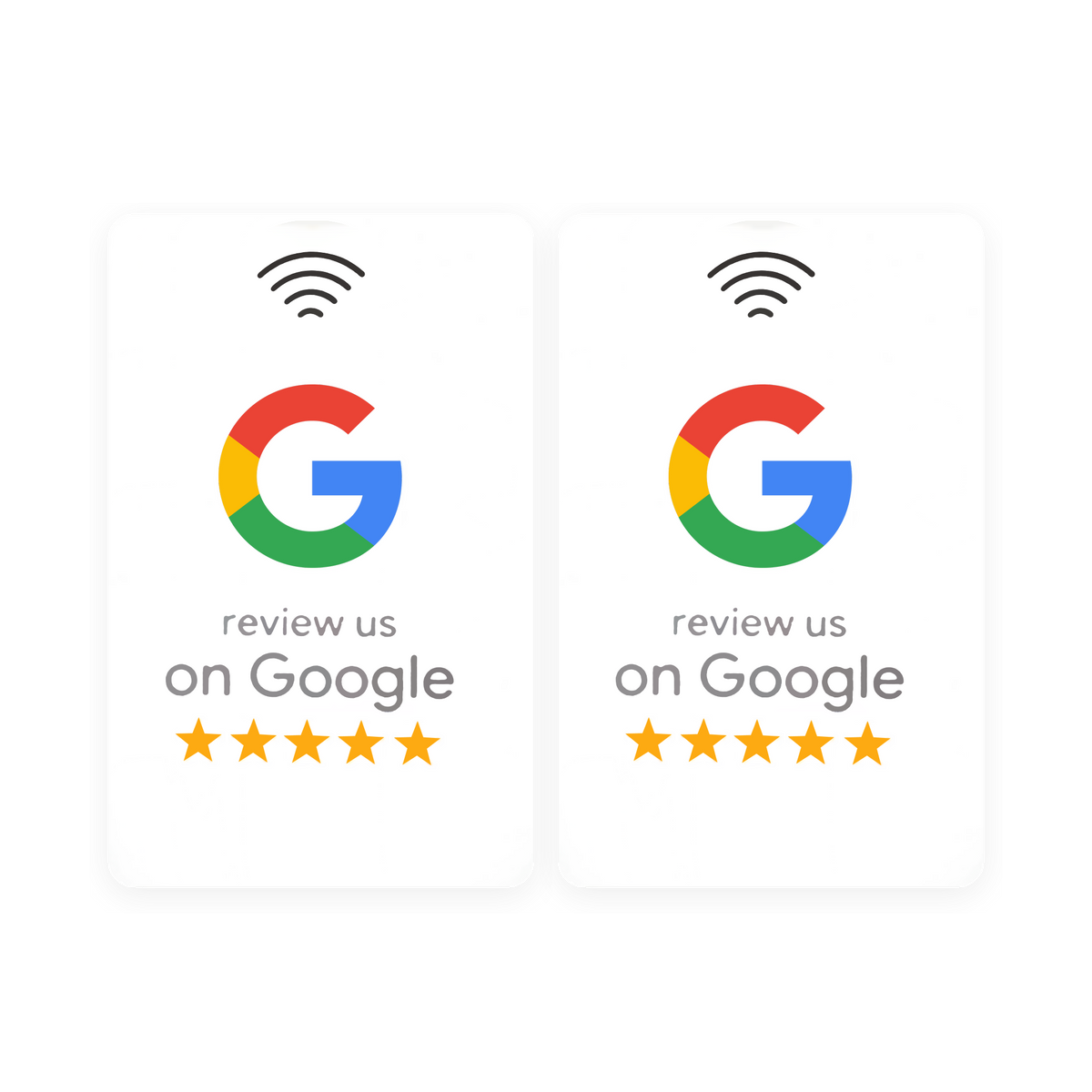 Google Review-kortets to sider ved siden af hinanden: hvidt NFC-kort med bølgesymbol øverst, Googles G-logo, teksten review us on Google og fem gule stjerner. Begge sider har samme motiv.